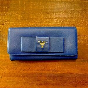 Prada Saffiano Leather Blue Ribbon Gold Long‎ Wallet Guaranteed 100% Authentic
